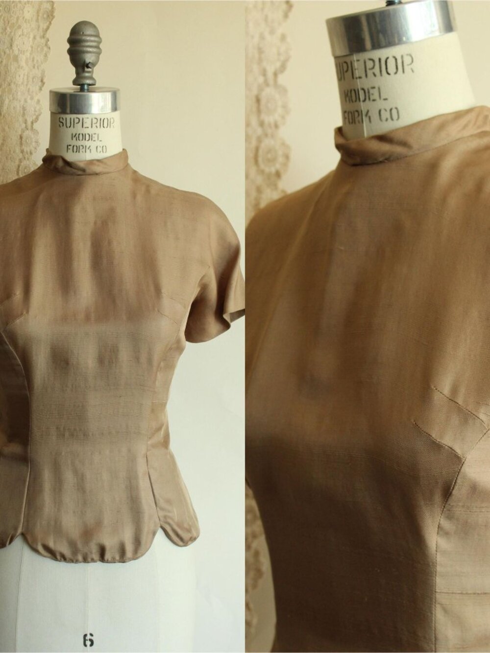 Vintage 1950s Blouse, Taupe Dupioni Silk Peplum Top, Button Back Mock Neck